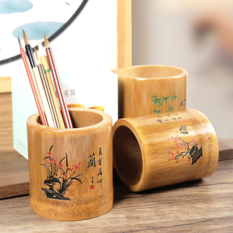 Supplier image of bamboo pen cups with floral designs