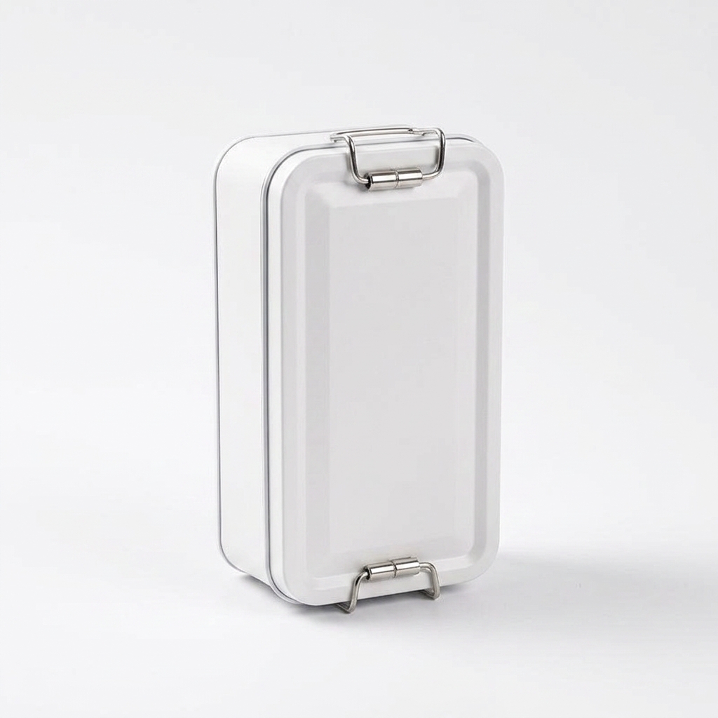 Supplier image of a closed white rectangular clasp tin